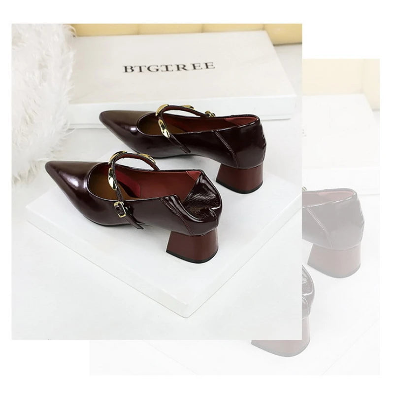 Women Korean Vintage Soft Split Cow Leather Pointed Pumps Simple Single Metal Buckle Strap Mid Chunky Heel Comfort Office Daily