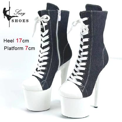15 17 20cm Super High Nightclub Platform Heels Strappy Canvas Women's  Ankle Boots Sexy Round Toe Pole Dance Shoes Ladies Boots