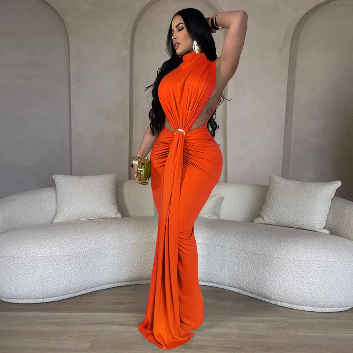 CM.YAYA Women O-neck High Split Ruched Stacked Bodycon Midi Maxi Dress 2024 Evening Party Club Vestidos Sexy Chic Long Dresses