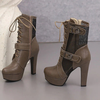 2025 New Lace-up Mesh Summer Boots Women Sexy High Heels Platform Sandals Large Size Women's Custom Boots Female Shoes