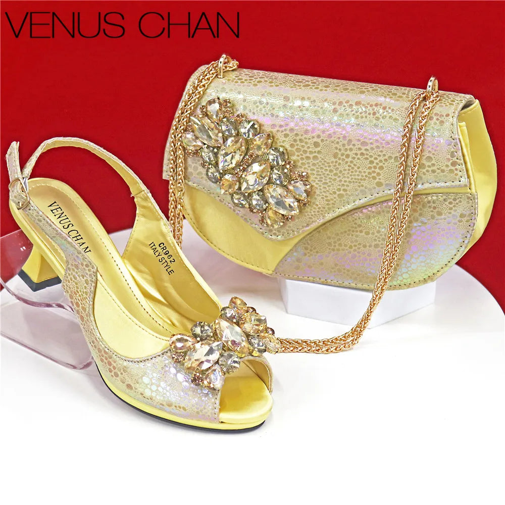 Elegant Orange Color 2025 Rhinestone High-Heels Shoes & Handbag Set – Luxury Wedding & Party Accessories