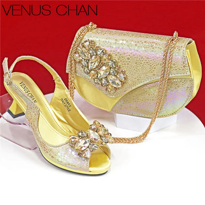 Elegant Orange Color 2025 Rhinestone High-Heels Shoes & Handbag Set – Luxury Wedding & Party Accessories