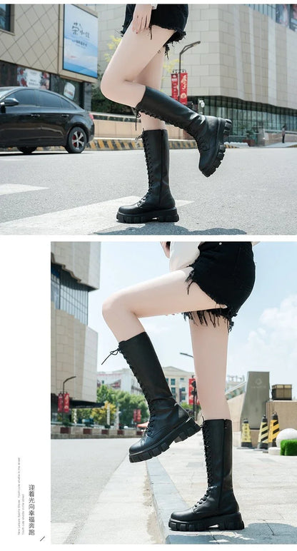 Women's Mid Calf Boots Padded Shoes Knee High Winter Sneakers Punk Style Military Casual White Black 2024 Lucury Platform Woman