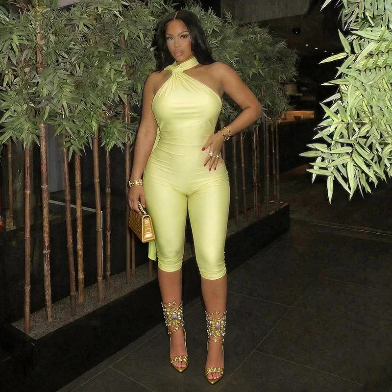 FAGADOER Sexy Halter Bandage Backless Jumpsuits Women Hip Ruched Skinny Rompers Overalls Party Slim Party Nightclub Playsuits