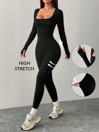 Black knit square neck fitted casual sports yoga jumpsuit