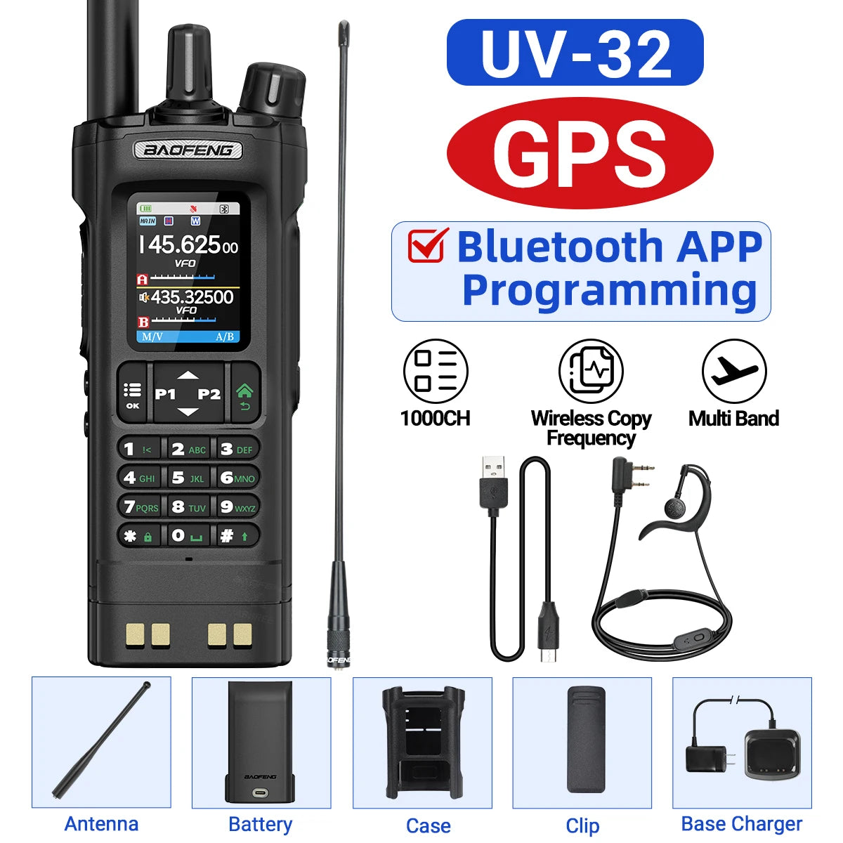 BAOFENG UV-32 GPS Walkie Talkie 10W Air Band Bluetooth Programming Wireless Copy Frequency Full Band FM Long Range Two Way Radio