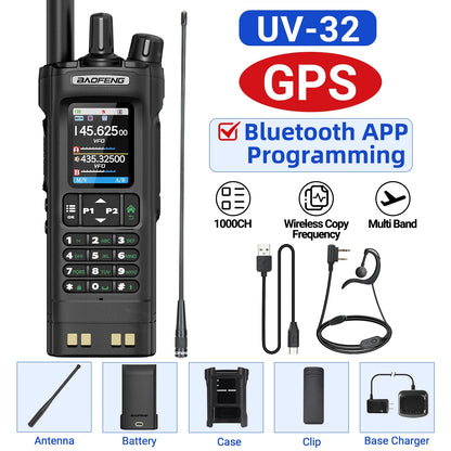 BAOFENG UV-32 GPS Walkie Talkie 10W Air Band Bluetooth Programming Wireless Copy Frequency Full Band FM Long Range Two Way Radio