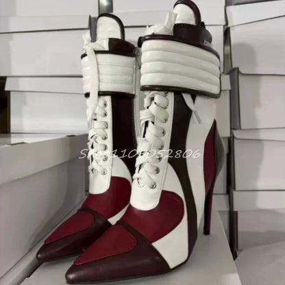 2026 Knee High Woman Boots Sexy Pointed Toe Lace-up Ladies Long Boots Thin Heel Patchwork Leather Motorcycle Boots 44