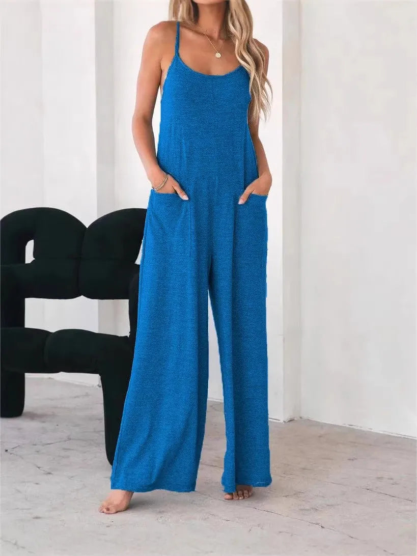 Plus Size Casual Sleeveless Jumpsuit Spaghetti Strap Loose Wide Leg Pocketed Beach Vacation Romper for Women