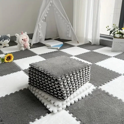 12Pcs Interlocking Carpet Tiles 11.8"x11.8", Washable Non-Slip EVA Polyester Floor Mat, Cuttable DIY Bedside Rug