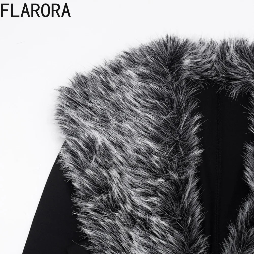 FLARORA Sexy Faux Fur Patchwork Capri Jumpsuits Woman Deep V Neck Full Sleeve Skinny Peach Hip Midnight Party Clubwear Overalls