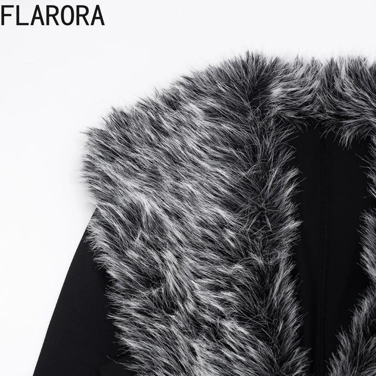 FLARORA Sexy Faux Fur Patchwork Capri Jumpsuits Woman Deep V Neck Full Sleeve Skinny Peach Hip Midnight Party Clubwear Overalls