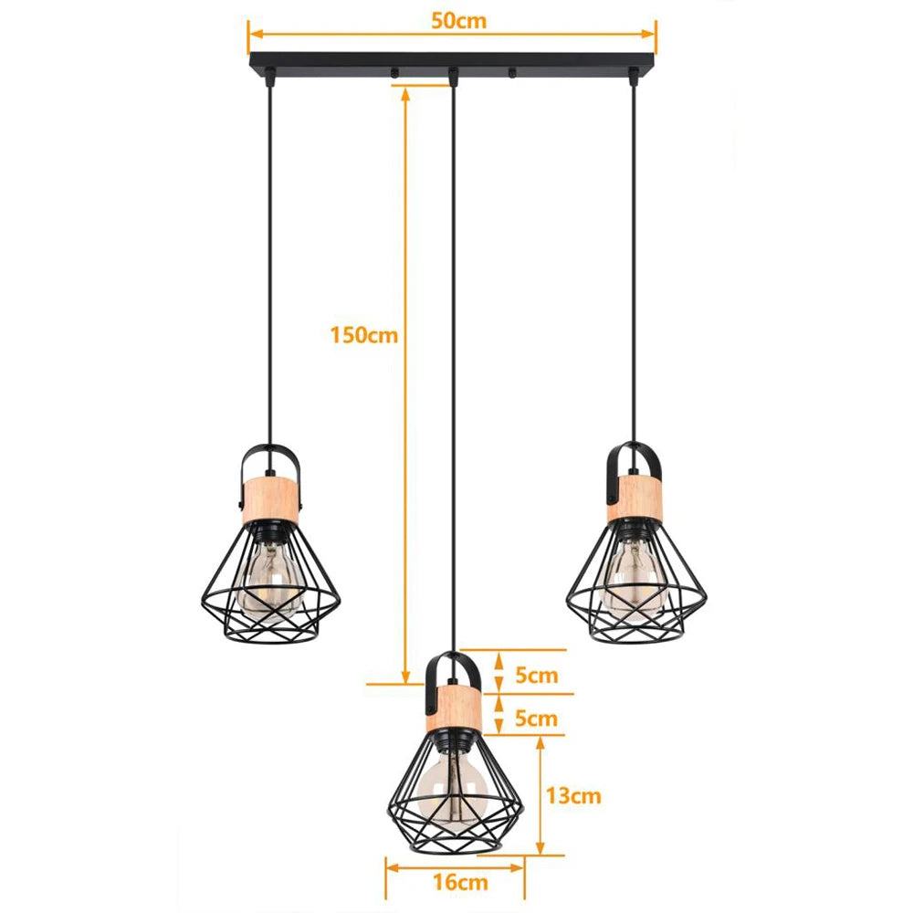 3 Heads Vintage Pendant Lights Wood Hanging Lamp Chandelier Industrial for Loft Dinning Living Room Kitchen Lighting Fixture LED