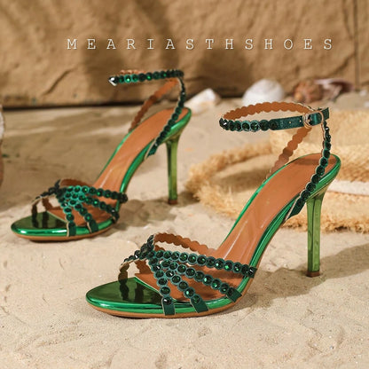 Luxury Crystal Cross Tied High Heel Sandals Women Sexy Open-toe Ankle Strap Buckle Stiletto Sandals Elegant Banquet Dress Shoes