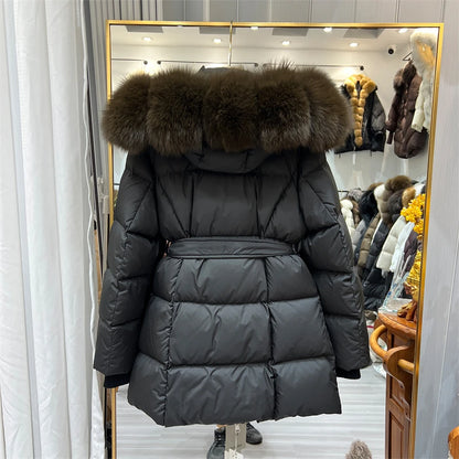 Women Winter Long Down Jacket Genuine Fox Fur Large Collar Hooded Slim Fit Waist Belt Warm Fashion Versatile Casual Winter Coat