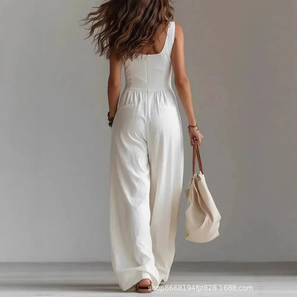 Fashion Sexy V Neck Button Front Boho Rompers Summer Sleeveless Pocket Wide Leg Overalls Casual New Solid Women's Jumpsuit