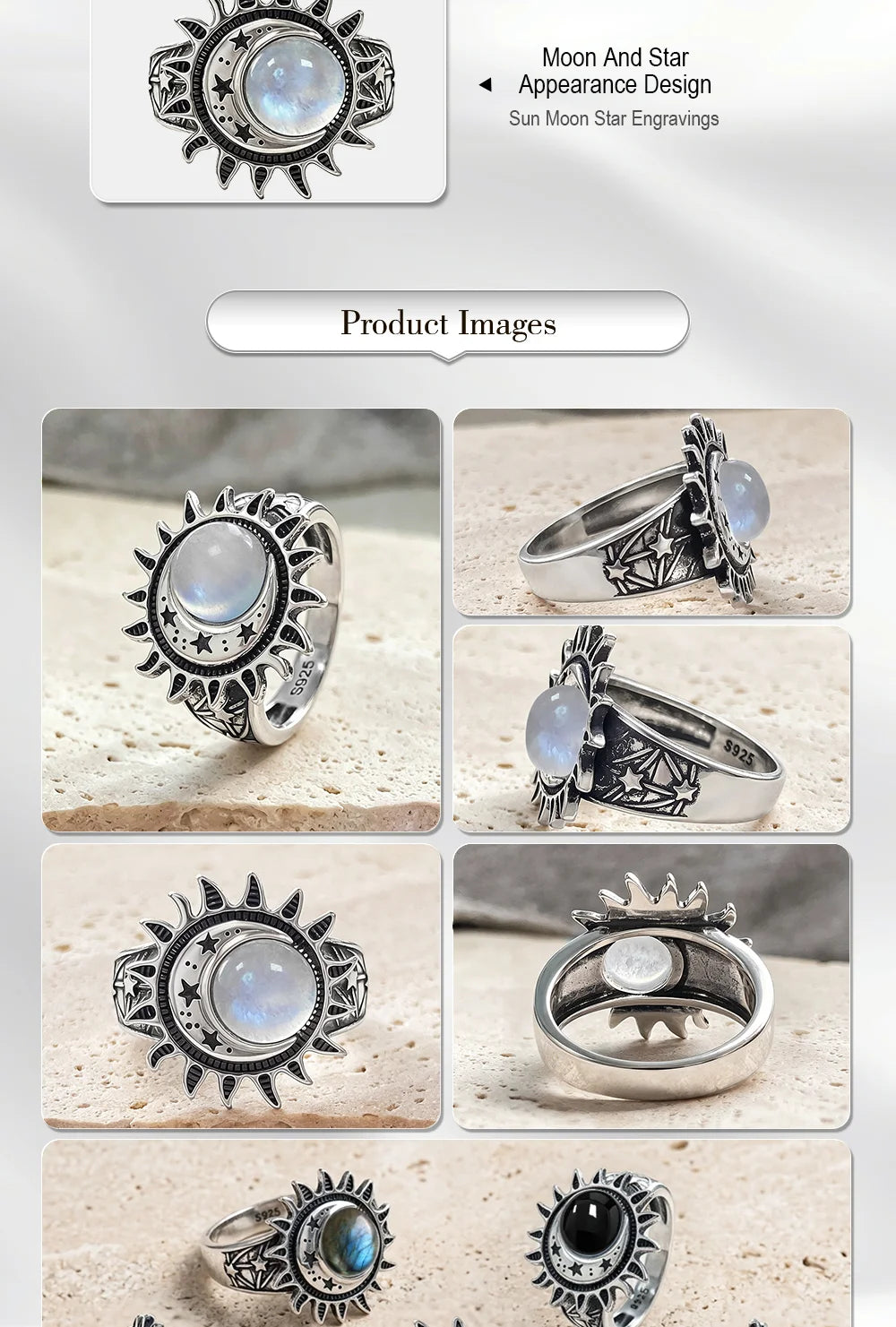 925 Sterling Silver Natural Moonstone Ring 8MM Bohemian Star Sun Moon Shape Ring Gothic Punk Style Party Gift for Women Men
