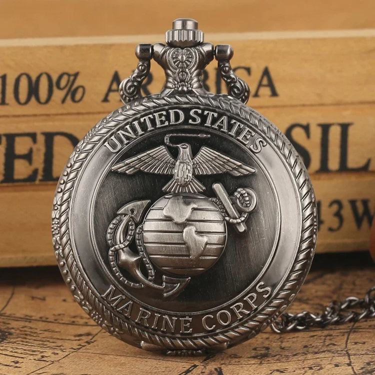 Marine Corps Emblem Pocket Watch, Vintage Quartz Pocket Watch Necklace