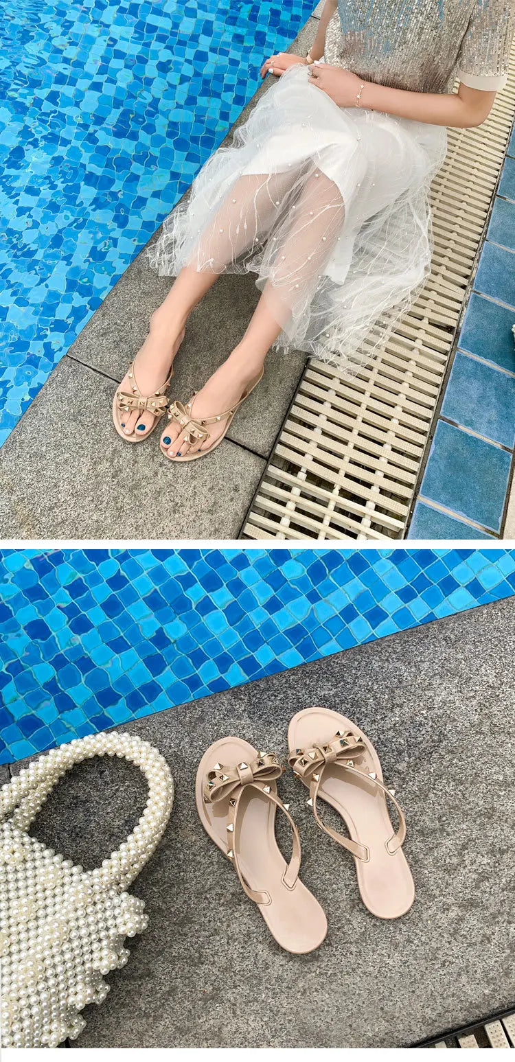 Summer Slippers Women Fashion Flip Flops Luxury Designer Female Beach Rivet Big Bow Flat Sandals Girls Jelly Shoes
