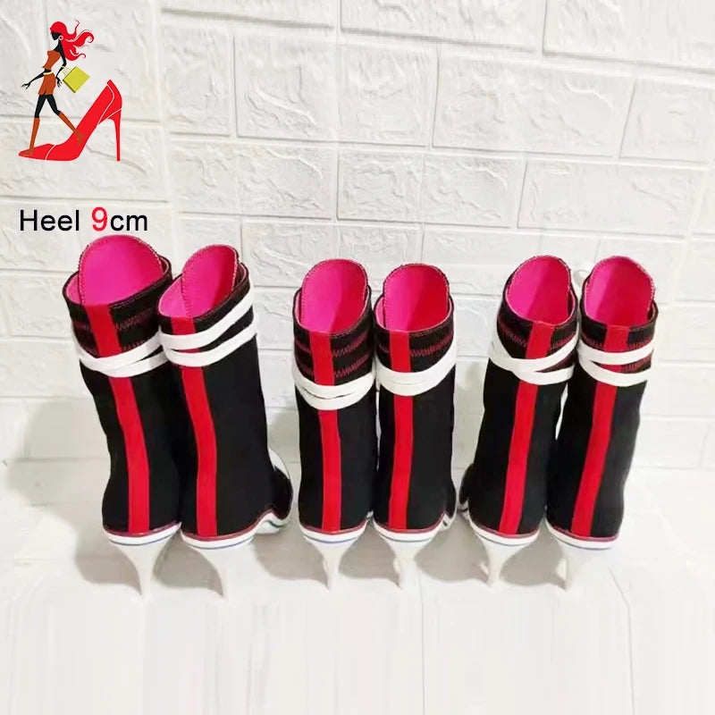 2024 New High-heeled Boots Women Canvas Shoes Denim Rivets Ladies Stilettos Lace-Up Thin Heel Casual Shoes Sexy Zapatos Mujer