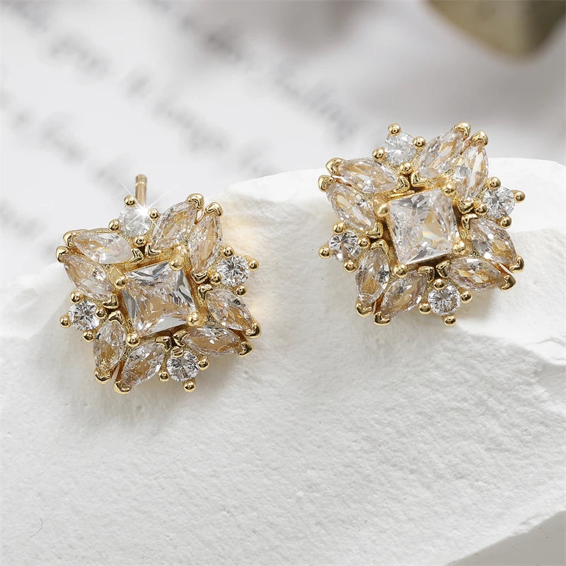 ZAKOL Luxury Flower Square Zirconia Stud Earrings For For Women Girls Gold Color Metal Crystal Ears Jewelry Wedding Festival