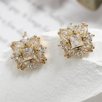 ZAKOL Luxury Flower Square Zirconia Stud Earrings For For Women Girls Gold Color Metal Crystal Ears Jewelry Wedding Festival