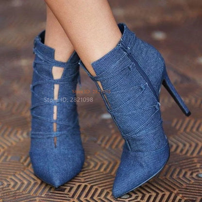 Blue Denim Pointed Toe Lace Up Ankle Boots with Stiletto Heels for Women Prom Shoes Stiletto Party Dress Shoe