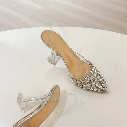 Liyke 2026 New Gold Silver Diamond Rivet Pointed Toe Slingback Sandal Women Pumps Sexy Clear High Heels Wedding Party Prom Shoes