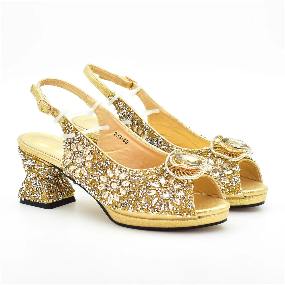 Popularity Peep Toe Heels for Women 2025 Elegant Party Full Diamond Pumps Italian Shoes and Bags Matching Set Bridal Shoes