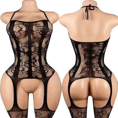 Sexy Backless Crotchless Jumpsuits For Women Fishnet Hollow Romper Erotic Outfits Hanging Neck Bodycon Jumpsuit Mesh Streetwear