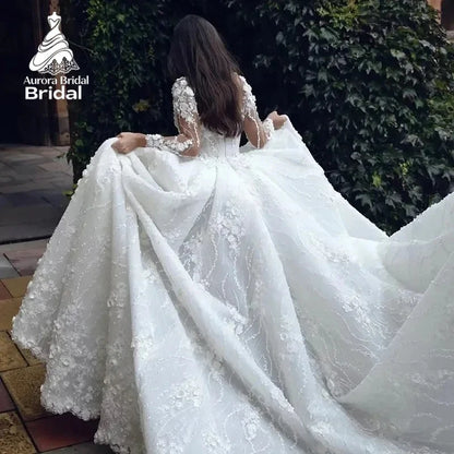Aurora Customzied Elegant 3D-Appliques Shinny Lace Appliques A-Line Wedding Dress De Mariée Side Split Long Sleeves Bridal Gown