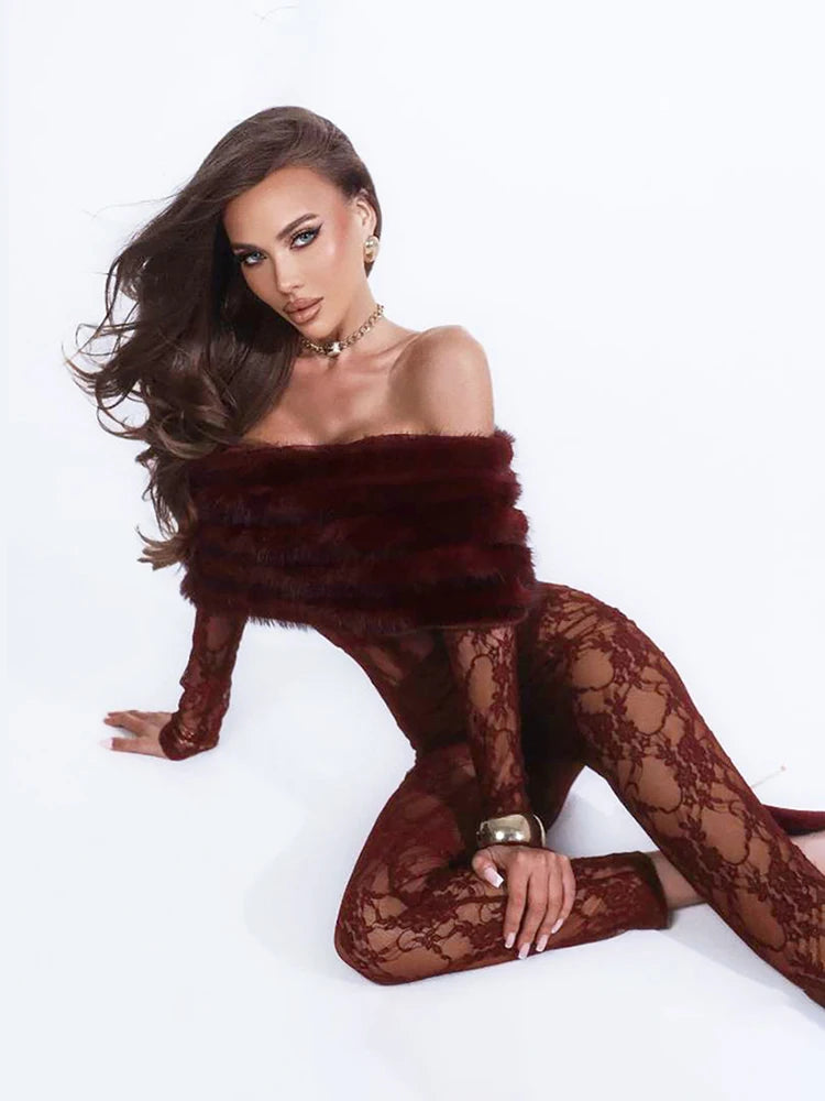 Sisterlinda Sexy Furry Patchwork Jumpsuits Women Coquette See Through Jacquard Slash Neck Full Sleeve Skinny Chic Party Clubwear