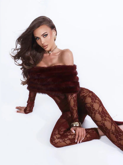 Sisterlinda Sexy Furry Patchwork Jumpsuits Women Coquette See Through Jacquard Slash Neck Full Sleeve Skinny Chic Party Clubwear