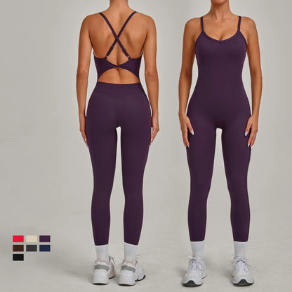 New Nylon Pad V-Neck Wrap Yoga Bodysuit - Adjustable Hook Tummy Control Butt Lift Workout Jumpsuit