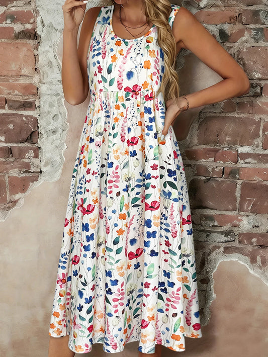 Women's Watercolor Floral Print Sleeveless Midi Dress Summer Casual Round Neck A Line Flowy Sundress