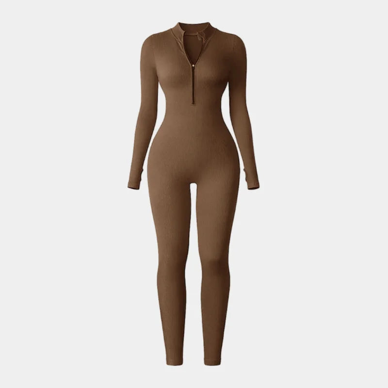 Screw Zipper Long Sleeve Jumpsuit Woman Slim Gym Workout Running Yoga Jumpsuits Women V Neck Tight Sports Fitness Clothes