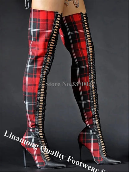 Red Plaid Short Boots Linamong Pointed Toe Cut-out Checkered Stiletto Heel Lace-up Ankle Booties Sexy Slim Dress Heels