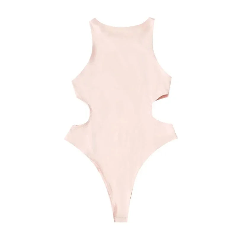 Europe and America Summer fashion women's sleeveless hollowed out waist revealing round neck slim fit sexy bodysuit