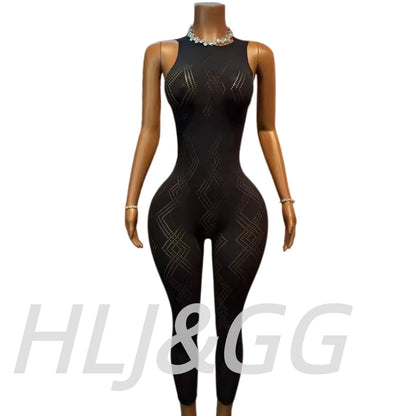 HLJ&GG Sexy Knitting Hollow Stretchy One Piece Jumpsuits Women Sleeveless Backless Slim Playsuits Female See Though Club Overall