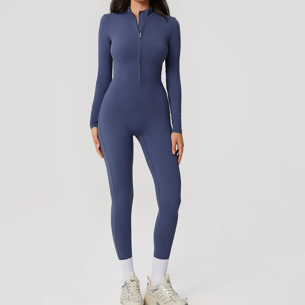 Yoga Boilersuit Long Sleeved Women's Sportswear Gym Zipper Jumpsuits Workout High-intensity Fitness One-piece Skin-tight Garment