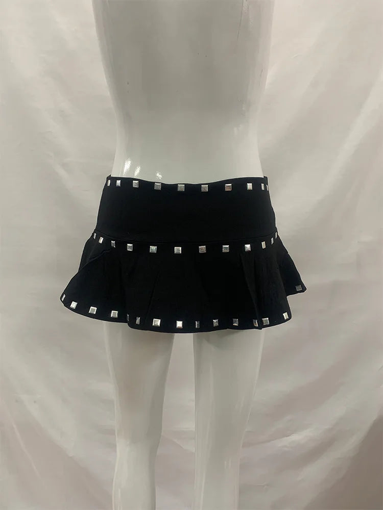 Summer Women Gothic Alt Streetwear Silver Square Rivet Trim Solid Black Ruffle Hem Low Waist Micro Mini Skirt