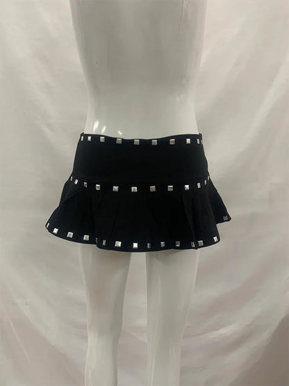 Summer Women Gothic Alt Streetwear Silver Square Rivet Trim Solid Black Ruffle Hem Low Waist Micro Mini Skirt