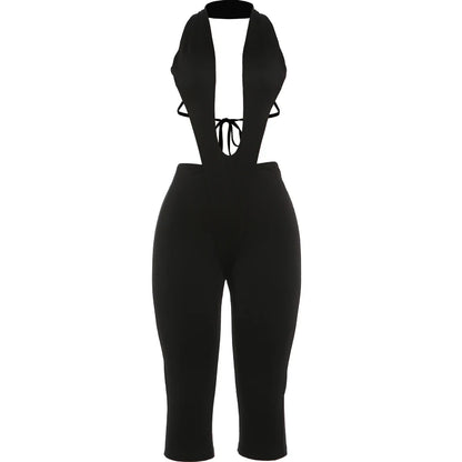 Sisterlinda Backless Romper Women Halter Waistless Patchwork Sleeveless Summer Clubwear Halter Skinny Hollow Activity Playsuit