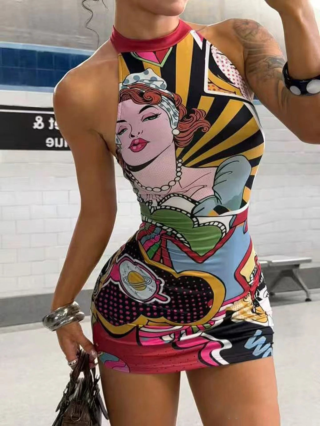 STYLISH LADY Pop Art Comic Print Halter Mini Dress Women Sleeveless Backless Bodycon Stretch Slim Fit Party Club Short Dress