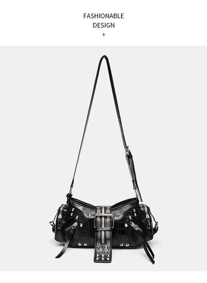 Women's Y2k Punk Vintage Shoulder Purse PU Leather Gothic Rivet Handbag Waist Bag Luxury Black Cross Body Bags with Spikes