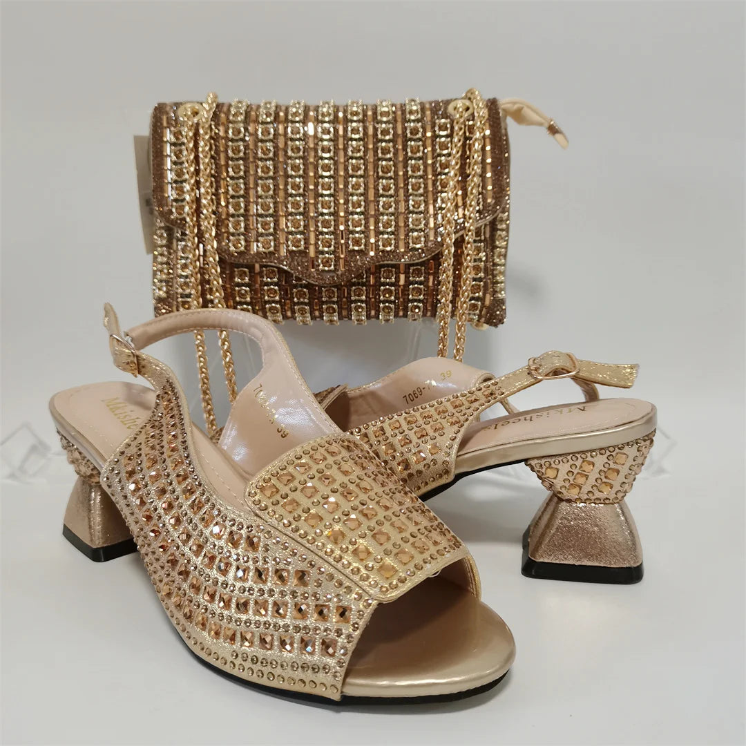 Hot Selling Blue Mid Heel Women Crystal Design Sandal with Rhinestone Bag Set For Lady Party Rhinestone Sandal Shoes F1207-3