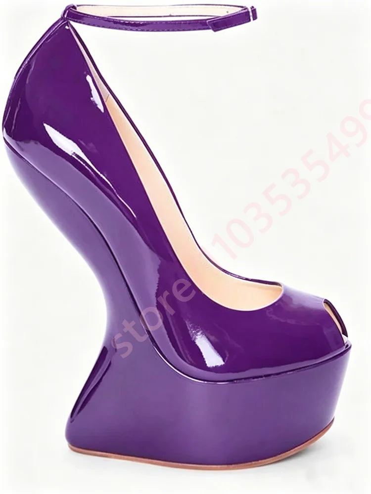 2026 Summer New Patent Leather Peep-Toe Platform Wedge Heels for Women Unique Curved Heel Ankle Strap Sexy Runway Party Sandals