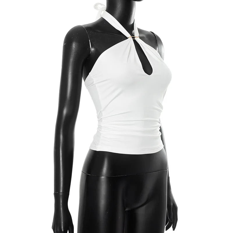 Women'S Solid Color Hanging Neck Tie Hollow Out Metal Ring Strapless Backless Tank Top Summer New Fashion Street Tank