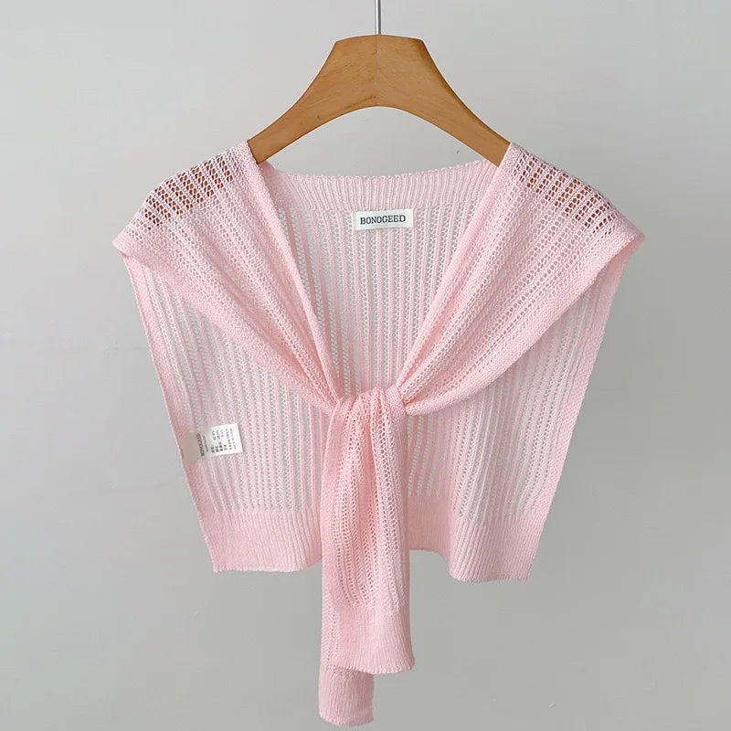 Lace Hollow Linen Knitted Shawl Summer Air Conditioning Fake Collar Neck Guard Knit Thin Knotted Cape Shoulder Scarf For Women