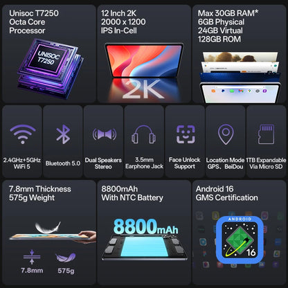 SVITOO Tablet 2026 Android 16 12 Inch 2000 x 1200 2K Display IPS Large Screen Unisoc T7250 Octa-Core Processor 6GB Physical RAM + 24GB Virtual RAM 128GB ROM 1TB Expandable 8800mAh Battery 2.4GHz 5GHz Dual Band WiFi 5 Bluetoot
